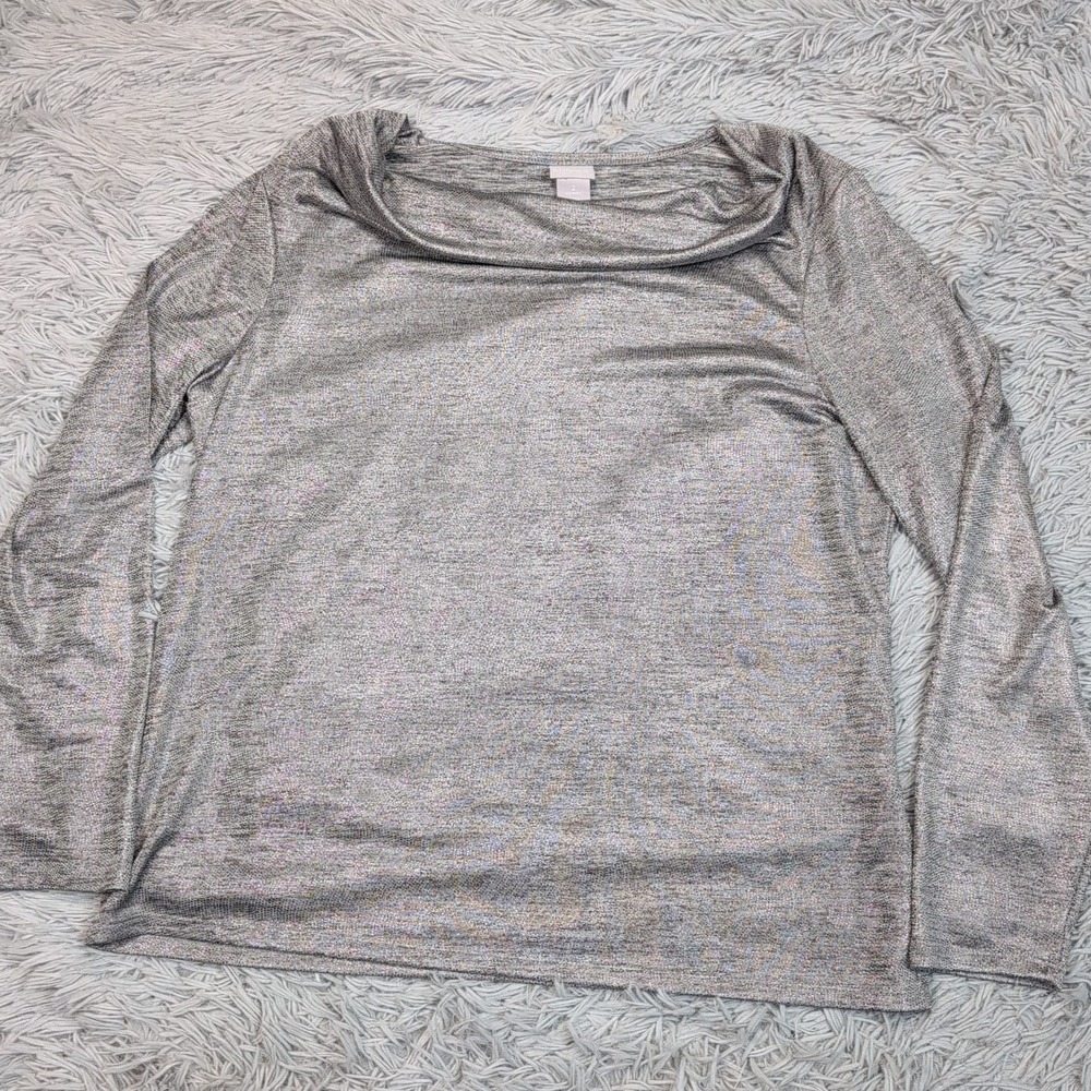 Chico's Shirt Womens 2 Gray Sparkly Top Comfy Casual Lightweight Preppy